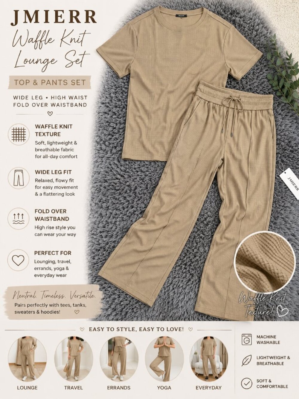 JMIERR Men's Waffle Knit Lounge Set Tan 2-Piece T-Shirt & Jogger Pants Size L NW